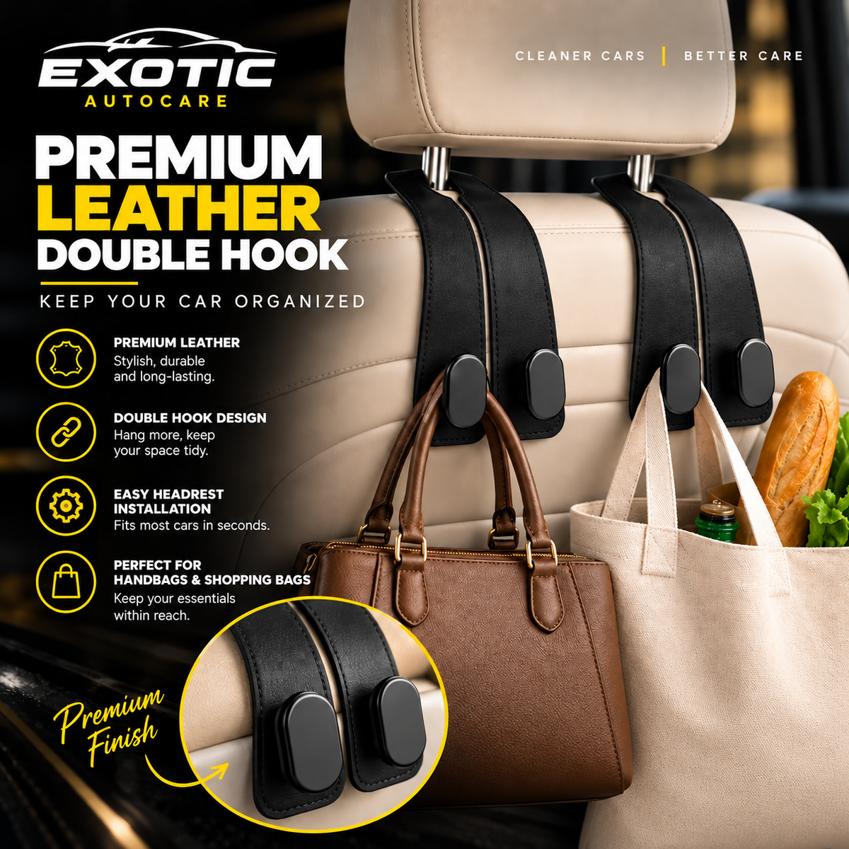 Premium Leather Car Seat Headrest Hooks – Double Hook