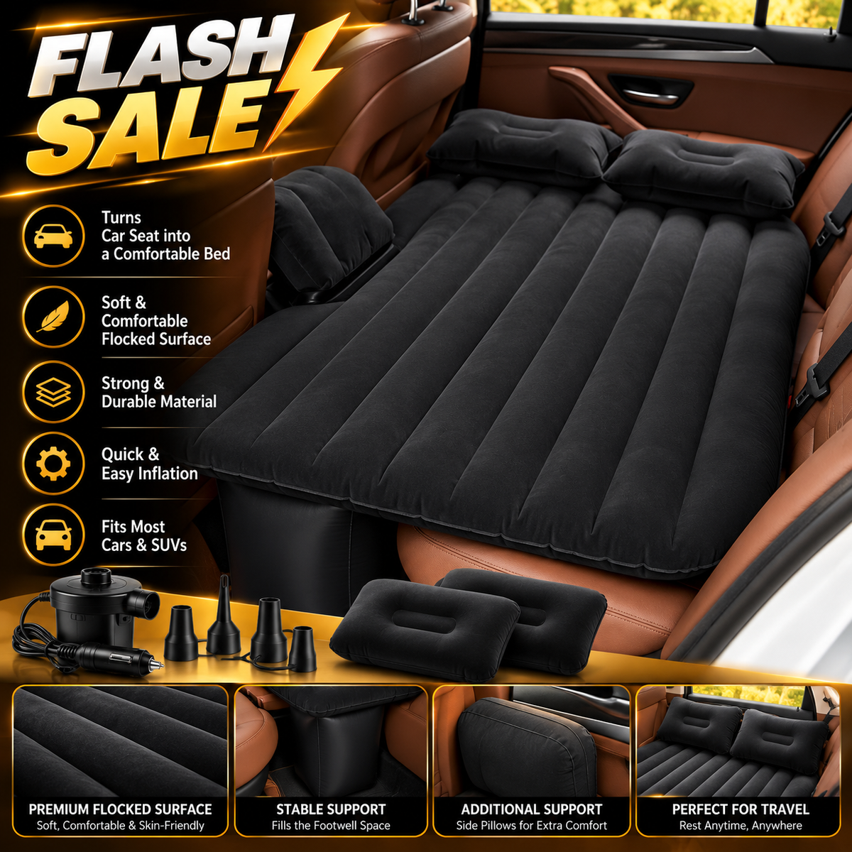 Car inflatable Bed with Pump and 2 Air pillow - Air Bed for car
