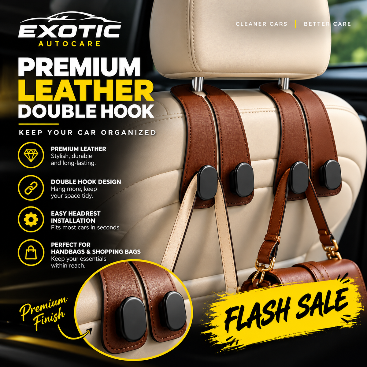 Premium Leather Car Seat Headrest Hooks – Double Hook