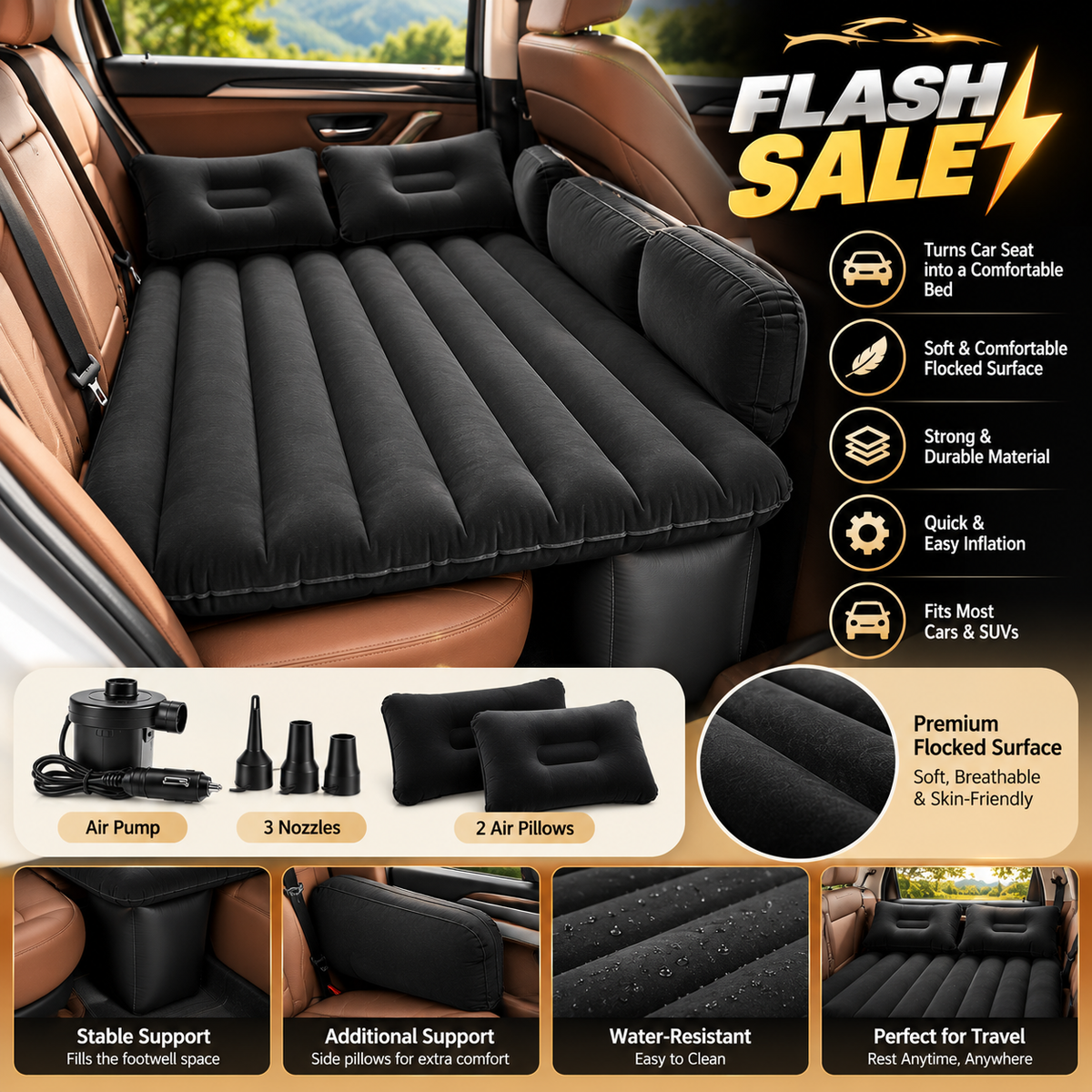 Car inflatable Bed with Pump and 2 Air pillow - Air Bed for car